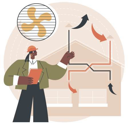 Vibrant orange bin with blue lid situated outside urban building, capturing urban waste management theme.